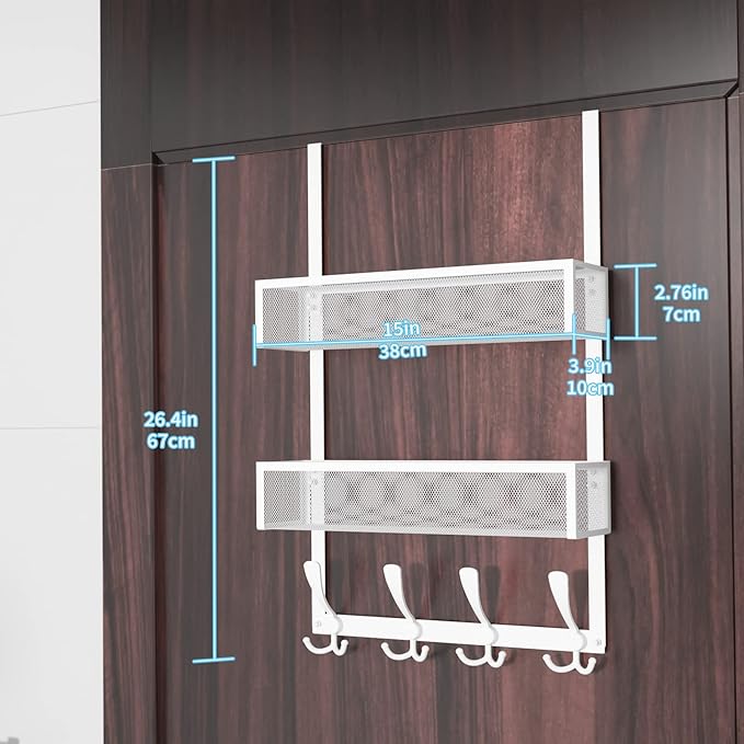 Over The Door Hooks Organizer,Coat Rack with 12 Hooks and 2 Mesh Baskets,Back of Door Storage Organizer for Bathroom,Bedroom,Kitchen,Office(White)