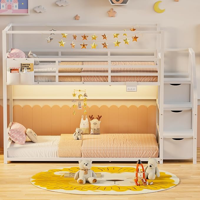 Low Bunk Bed Twin Over Twin with Storage Staircase, RGB LED Lights, Drawers & Shelves, Metal Bunk Beds for Kids with Power Outlet, Double Full-Length Guardrails & Metal Slats for Small Space, White