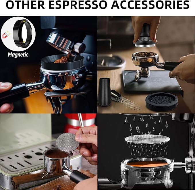 58mm Espresso Accessories 10 PCS - WDT Tool Kit, Coffee Tamper with Wood Espresso Tamping Station, Frothing Pitcher, Distributor, Stirrer, Dosing Funnel, Brush, Puck Screen, Latte Art Pen