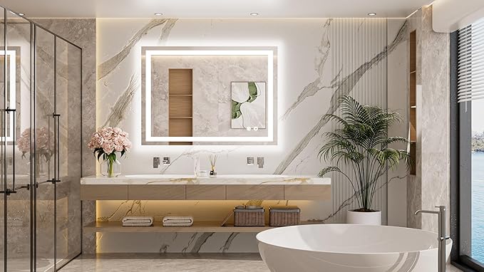 TETOTE LED Lighted Bathroom Mirror with Lights 40 x 30 Brighter Front and Backlit Light up Mirror for Bathroom Wall, Illuminated Vanity Anti Fog Mirror, 3-Color Stepless Dimmable, Tempered Glass
