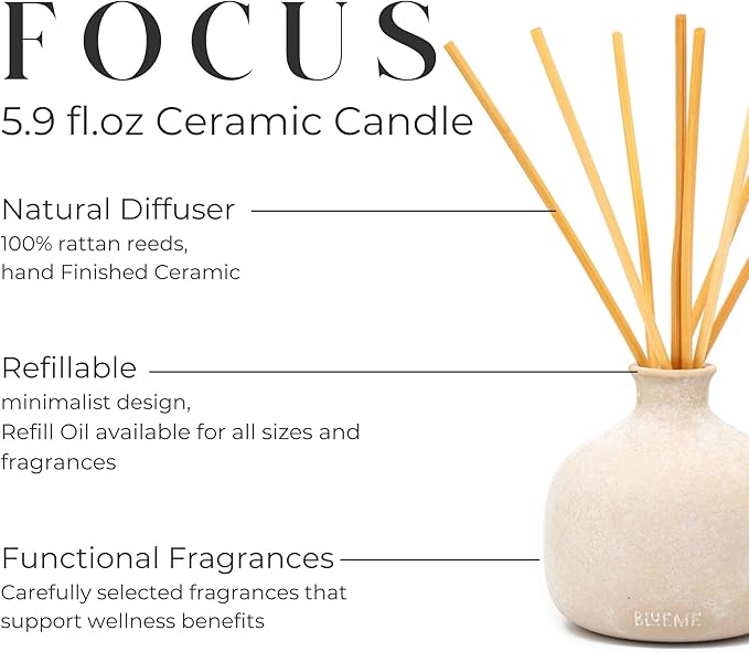Blueme Focus Diffuser | Eucalyptus & Lime | 5.92 Fl Oz - Refillable Wellness Diffuser, Contains Essential Oil, Sustainable, Hand Finished, Premium, Luxury Ceramic, Natural Rattan Reeds, | Small
