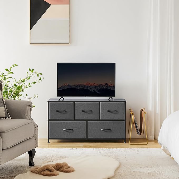 OLIXIS Dresser for Bedroom, 5 Storage Drawers, Wide Fabric Closet Chests Organizer Tower Furniture, TV Stand with Wooden Top Metal Frame for Clothes, Living Room, Hallway, Entryway, Classic Grey