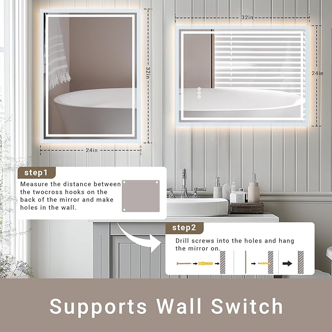 24"x 32" LED Bathroom Mirror with Stepless Dimmable, Backlight Wall Mirrors with Anti-Fog Bathroom Digital Mirror for Wall, 3 Color Modes, Memory Function Smart Mirror