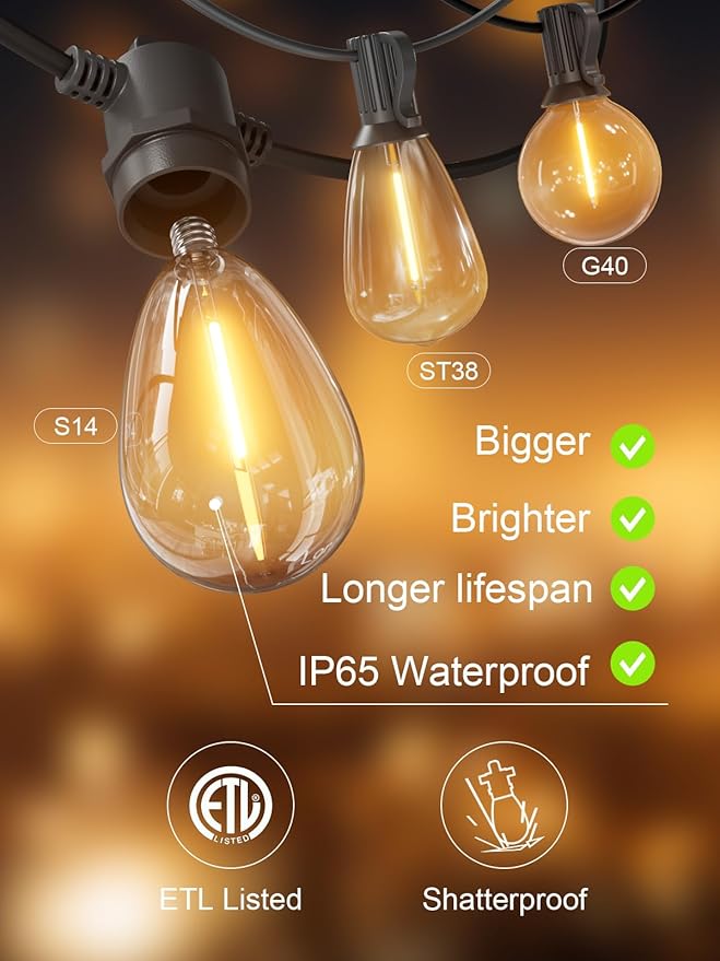 Svater Outdoor String Lights 300 FT, Patio Lights for Outside with Shatterproof Bulbs, Waterproof IP65 Commercial Hanging Light for Backyard Porch Balcony Bistro Party, 2700K
