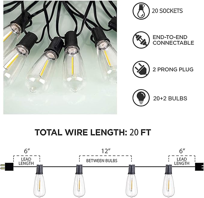 Afirst Outdoor String Lights 20FT with 22 LED Bulbs(2 Spare) Waterproof Connectable Patio Lights for Outside Backyard Porch Lighting