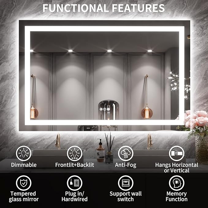 LOAAO 55X36 LED Bathroom Mirror with Lights, Anti-Fog, Dimmable, Backlit + Front Lit, Lighted Bathroom Vanity Mirror for Wall, Memory Function, Tempered Glass, ETL Listed