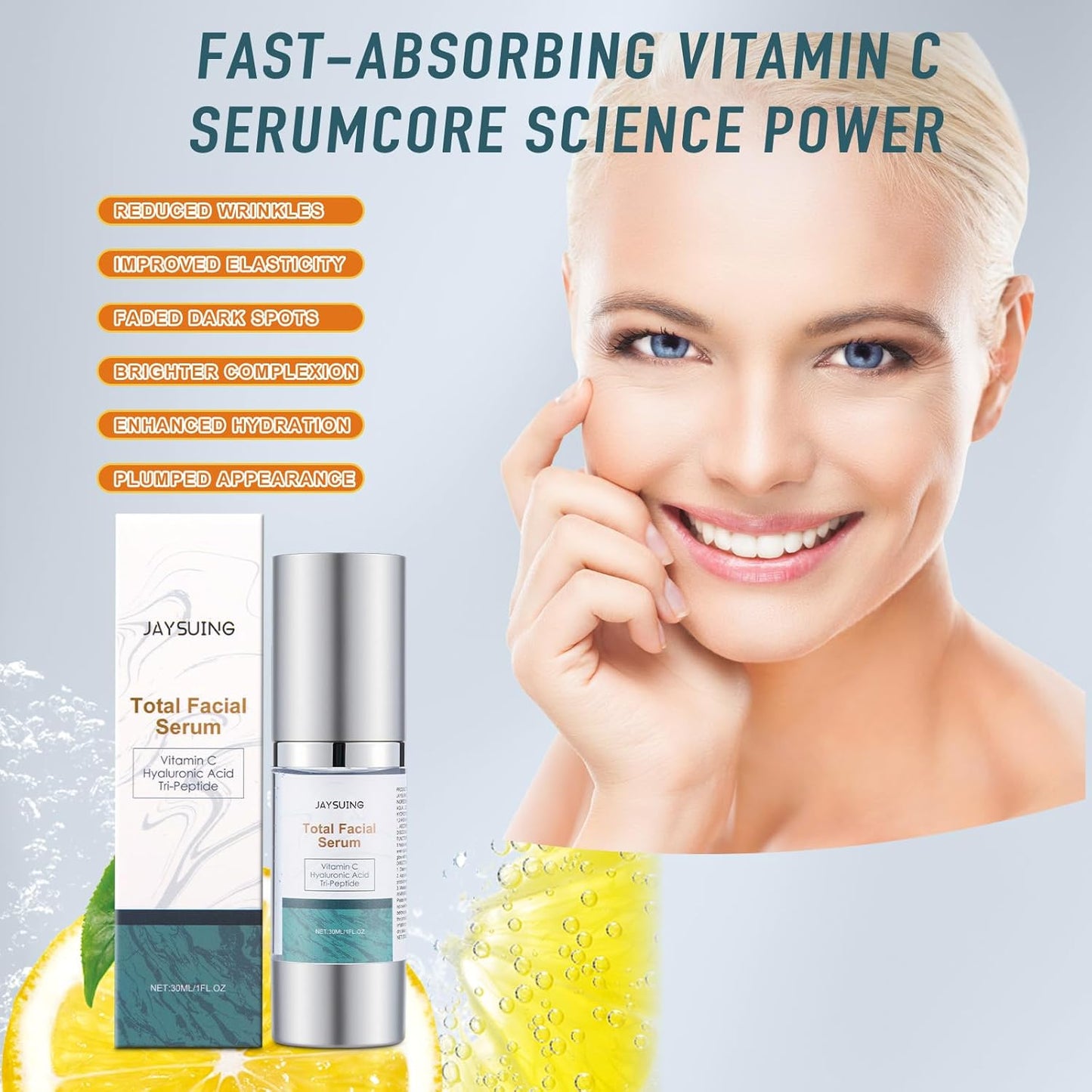 Vitamin C Serum for face with Hyaluronic Acid,Tri-Peptide Anti-Aging Facial Treatment for Mature Skin, Dark Spot Removal, Wrinkle Reduction, Firming, collagen-hydrating,antioxidant formula, 1 fl.oz