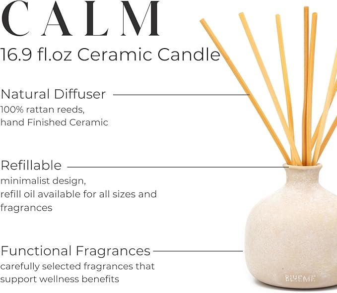 Blueme Calm Diffuser | Osmanthus & Sandalwood | 16.91 Fl Oz - Refillable Wellness Diffuser, Contains Essential Oil, Sustainable, Hand Finished, Premium, Luxury Ceramic, Natural Rattan Reeds | Large
