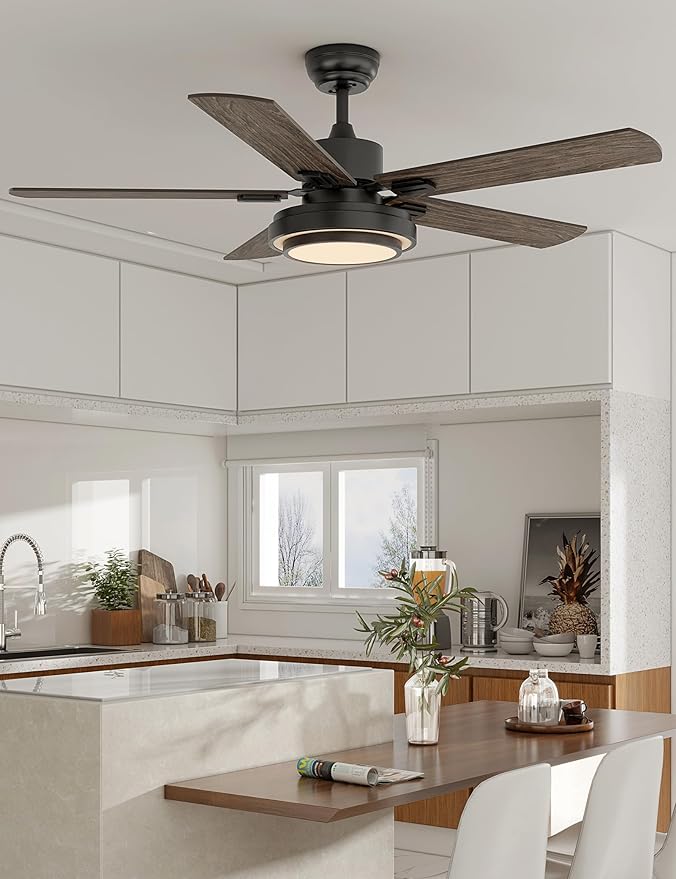 warmiplanet Ceiling Fans with Lights and Remote Control, 52 Inch, 6 Speeds Reversible DC Motor, 3 Color Dimmable Light, Timer, Noiseless, Black, 5 Blades