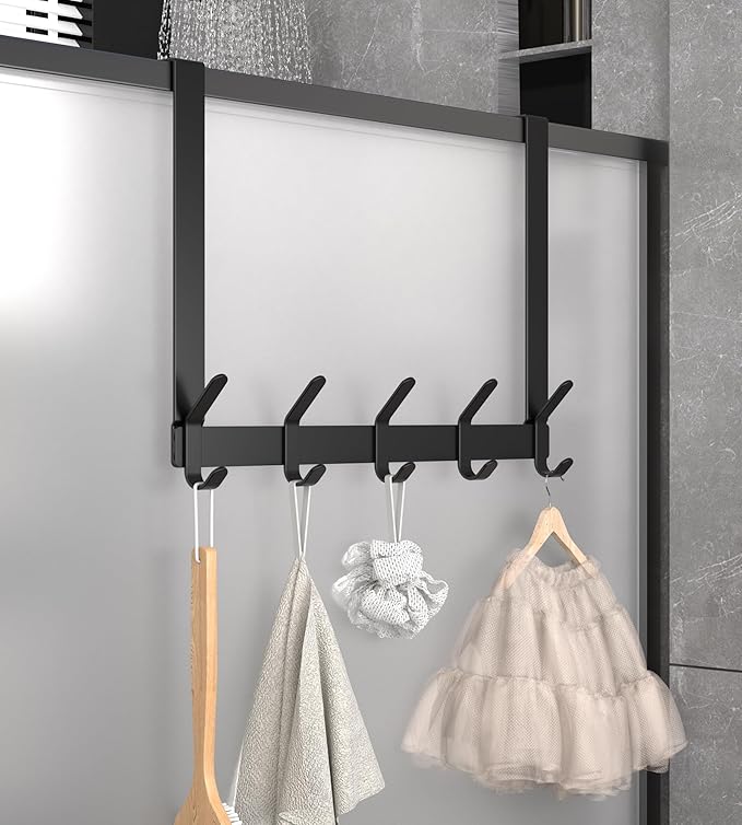 KitchLife Over The Door Hooks Hanger with 15.75 inches Extended Arms, Fit for 1-3/4" Doors, J40U, Thickened Bathroom Towel Rack Organization, 1 Pack Double-Hook, Matte Black