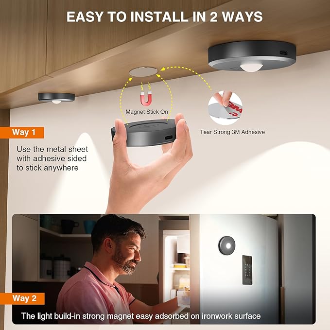 Puck Lights with Remote Control, Rechargeable Wireless Under Cabinet Lighting, 5 Pcs (Dark Grey) - Tap Push Touch Lights for Counter, Shelf, Bookcase
