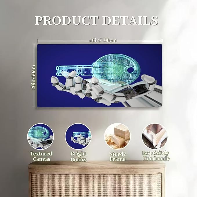 Wibinuki Wall Art Wall Decor Wall Paintings Unlock a New Technology Robot's Hand Holding a Key for Living Room Bedroom Bathroom Home Decor Can Be Hung Directly 20"x 40"