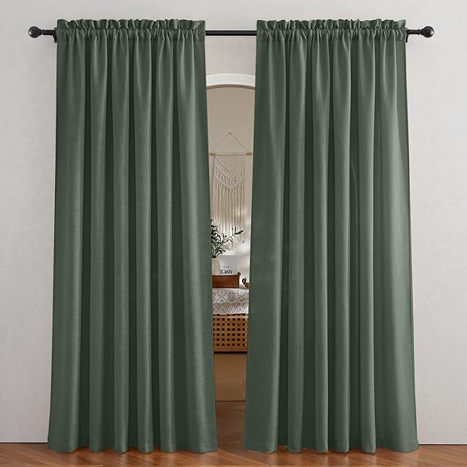 RYB HOME Green Linen Curtains 84 inches Long for Living Room Kids Room, Light Filtering Privacy Protection Home Decor 2 Panels Set for Sliding Glass Door, W 52 x L 84 inches, Hunter Green