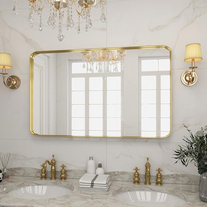 VooBang Bathroom Mirror 30x48 inch, Gold Gorgeous Deep Frame Wall Mirror, Modern Round Corner Bathroom Vanity Mirror for Bedroom, Living Room, Hanging or Leaning Horizontal or Vertical, Gold