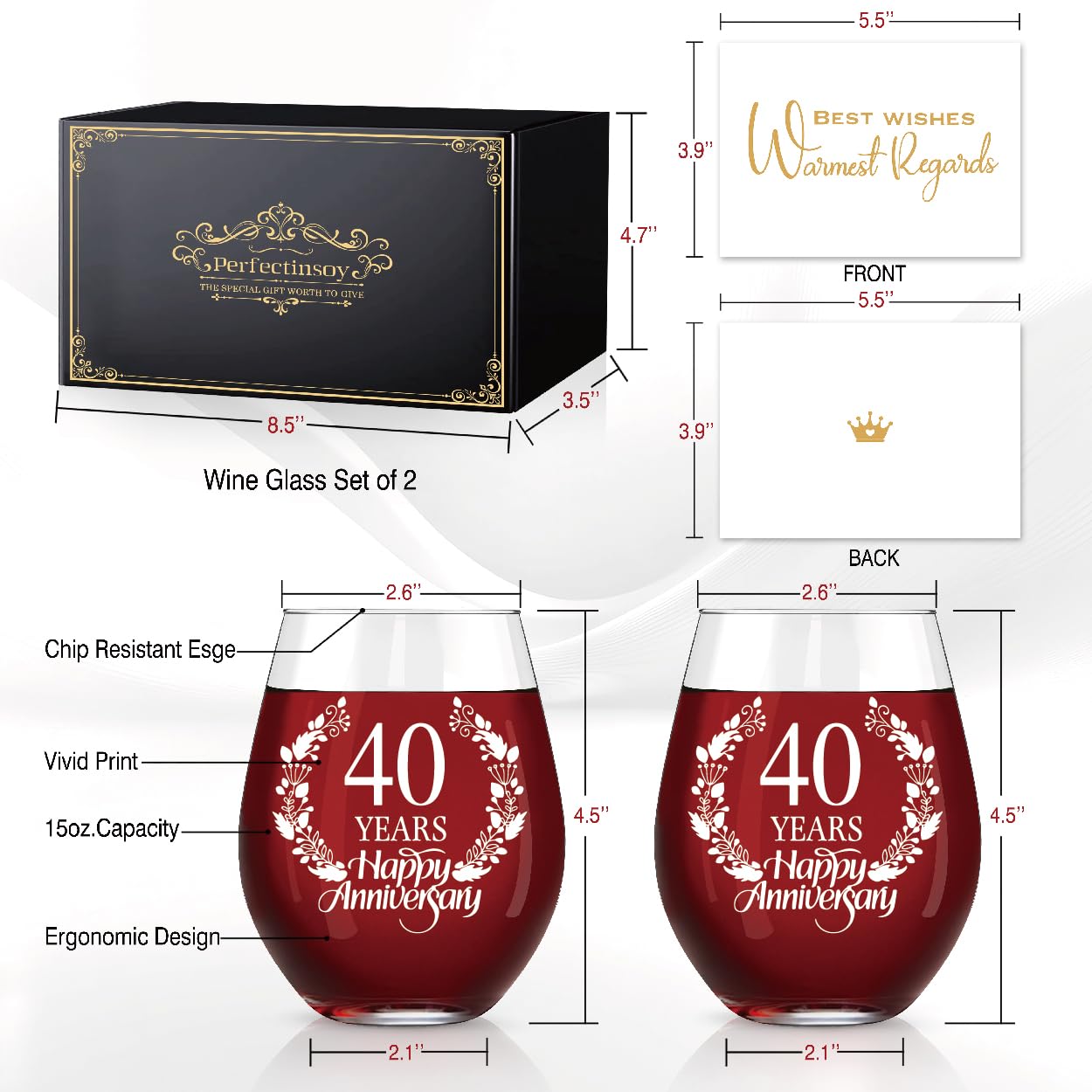 Perfectinsoy 40 Years Happy Anniversary Wine Glass Set of 2, 40th Anniversary Wedding Gift for Mom Dad Wife Soulmate Couple, Funny Vintage 40 Years Wedding Gifts for Men Woman Couple Family Friends