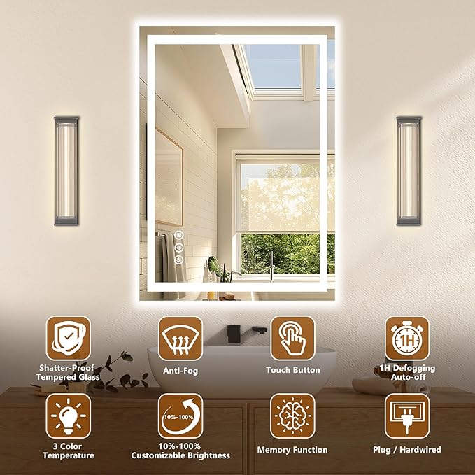 48x36 LED Bathroom Mirror with Lights - Dimmable, Anti-Fog, 3 Color Backlit & Front Lit Mirror for Bathroom, Shatter-Proof Tempered Glass, Easy Installation