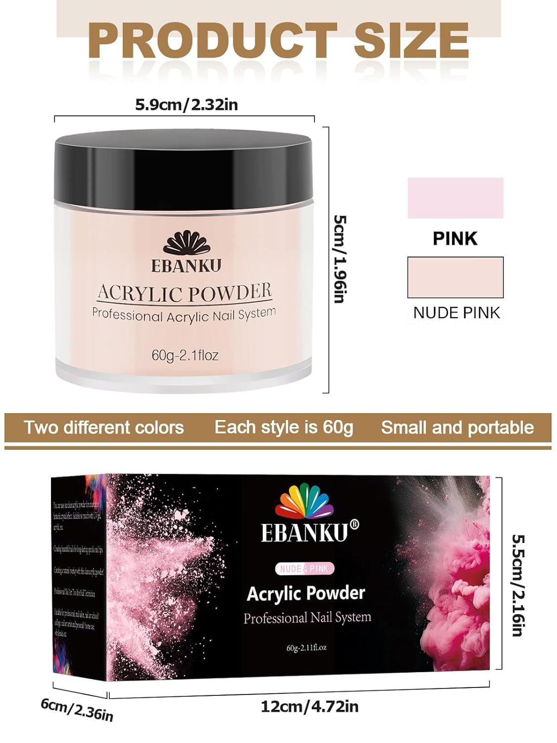 EBANKU Acrylic Nail Powder Set, Nude Pink Acrylic Powder for Nail Extension, Carving | Colored Acrylic Nail Powders for French Nail Extension, Gifts for Women (2 * 60G)