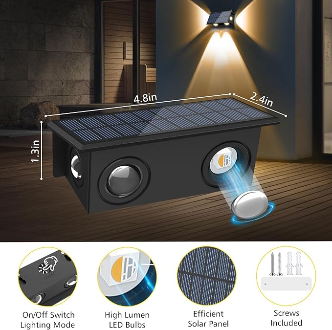 T-SUN Solar Fence Lights Waterproof LED Wall Lights Outdoor with 2 Bright Modes Warm White Solar Powered Dusk to Dawn Fence Light for Backyard Railing Patio Porch Pool 4 Pack