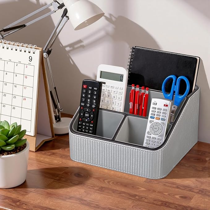 PU Leather Remote Control Holder with 4 Compartments, Small Desk Organizer Office Supply Bedside Caddy, All-in-One Small Bedside Remote Holder Nightstand Desktop Organizer