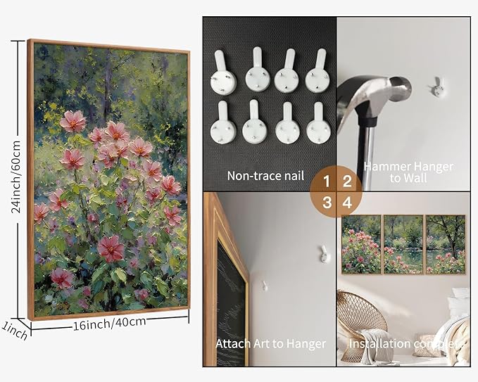 YeeHomedec Monet Botanical Framed Canvas Wall Art, Impressionist Floral Garden Wall Decor, Vintage Flower Pond Tree Artwork, Nature Landscape Art Paintings for Living Room Bedroom Bathroom 16"x24"x3