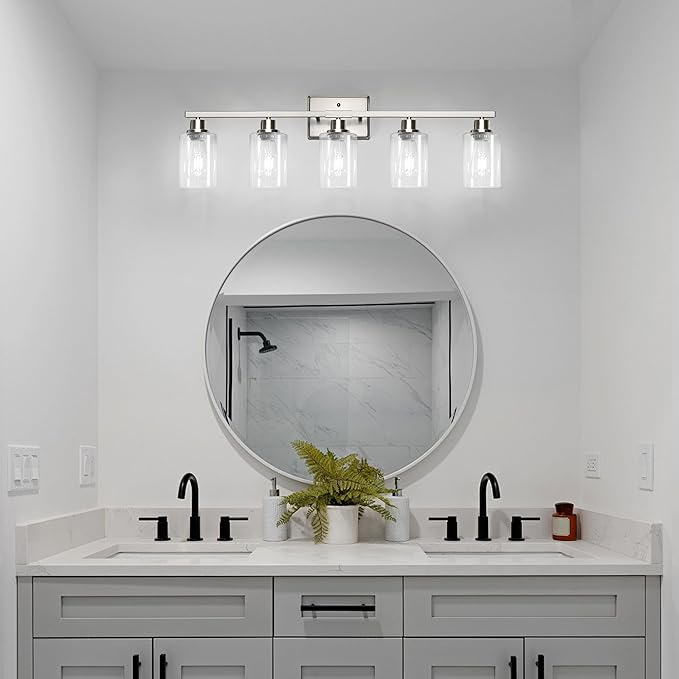 Ascher Bathroom Light Fixtures, 5-Light Vanity Lights with Clear Glass Shade, Modern Brushed Nickel Wall Light for Mirror Bedroom Hallway Cabinet Porch