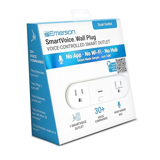 Emerson SmartVoice 2-in-1 Dual Wall Plug, Offline 30+ Voice Control Commands - No APP, No WiFi, No Setup, Smart Outlet Extender for Home and Office, Sleep & Wake Timer, ETL Listed