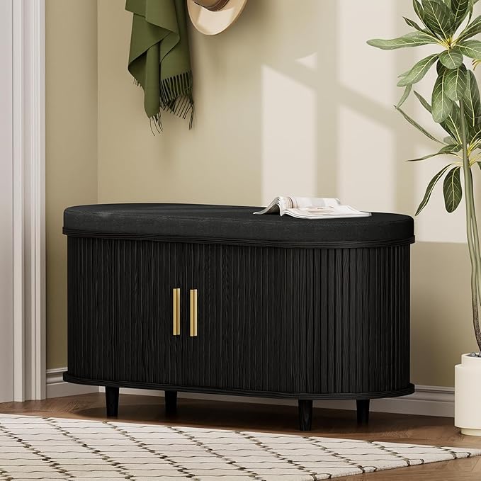 Entryway Bench with Storage: 35.4" Wooden Bedroom Shoe Bench with Thickened Padded Seat Cushion, Mid Century Modern Fluted Sliding Door and Adjustable Shelf, for Entryway, Living Room