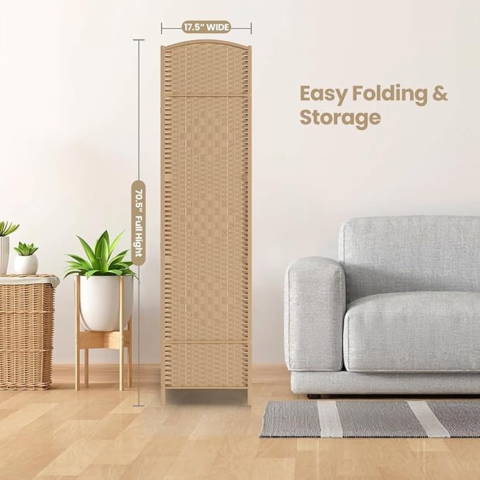 6 ft. Tall Room Divider and Folding Privacy Screen, Weave Fiber Foldable Panel Wall Divider with Diamond Pattern Weaved & 4 Panel Room Screen Divider Separator, Freestanding Room Divider