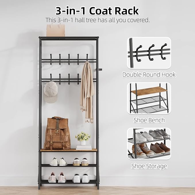 4-in-1 Hall Tree with Shoe Storage Bench & 10 Hooks – Freestanding Entryway Coat Rack, Double Row Hooks, Metal Frame, Rustic Brown Wood – Living Room, Bedroom, Foyer – 60cm Width