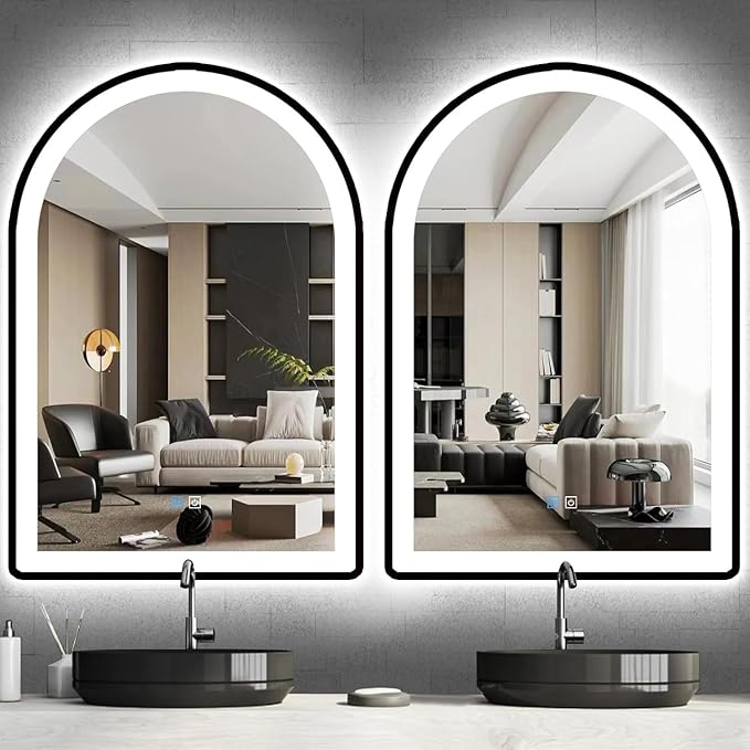 20 x 32 Inch Black Arch LED Vanity Mirror with Lights Black Frame Arched LED Mirror for Bathroom Makeup Desk Wall 32" Black Frame Arched Lighted Mirrors Smart Memory 3 Color Dimmable AntiFog