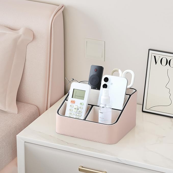 Remote Control Holder, PU Leather Small Desk Organizer with 4 Compartments, Nightstand Organizer Desk Caddy for Remote, Notepad, Phone, Glasses, and Accessories (Pink)