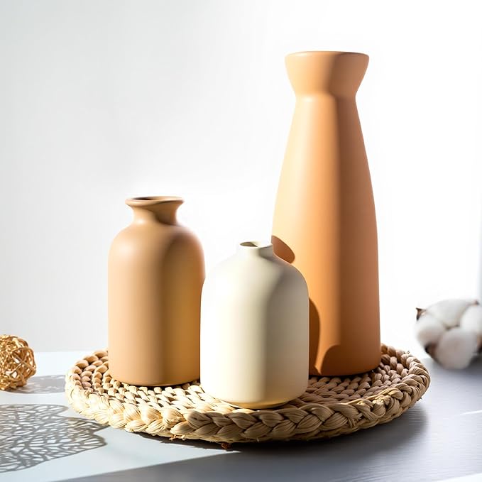 Ceramic Small Vase Set of 3,Modern Boho Farmhouse Home Decor,Pampas Grass Vase,Minimalist Decor,for Entryway Table,Bookshelf,Living Room, Bedroom,Kitchen,Coffee Table Decoration