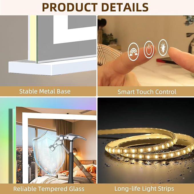 FENCHILIN Vanity Mirror with Lights, 32" x 23" RGB Backlit + Front Lit Large Hollywood Makeup Vanity Mirror LED Strip with 3 Colors Modes Smart Touch for Dressing Room & Bedroom White