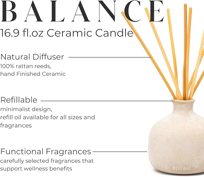 Blueme Balance Diffuser | White Lotus & Tea | 16.91 Fl Oz - Refillable Wellness Diffuser, Contains Essential Oil, Sustainable, Hand Finished, Premium, Luxury Ceramic, Natural Rattan Reeds | Large