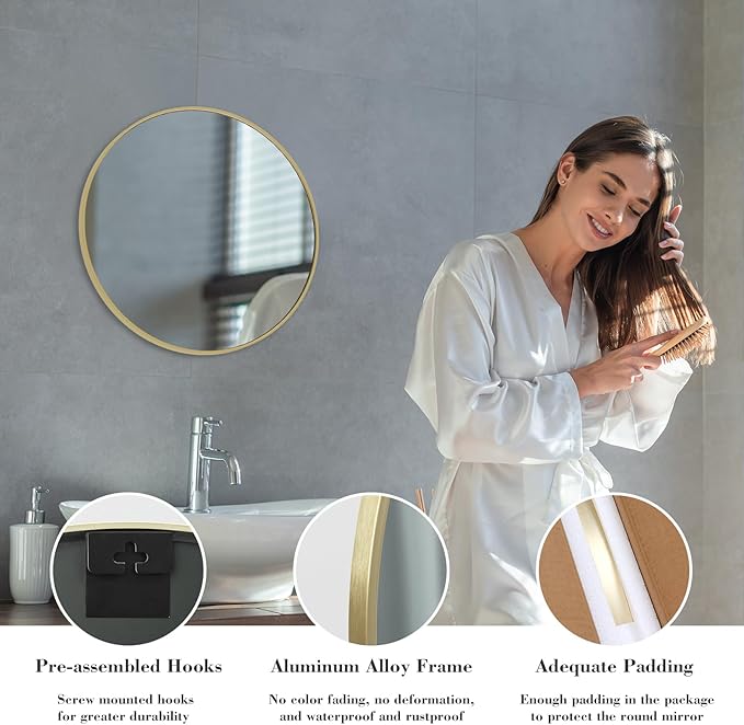Sweetcrispy 20in Round Bathroom Mirrors for Wall, Bathroom Mirrors for Over Sink, Wall Decor for Bathroom, Entryway, Bedroom, Vanity, Classical Gold