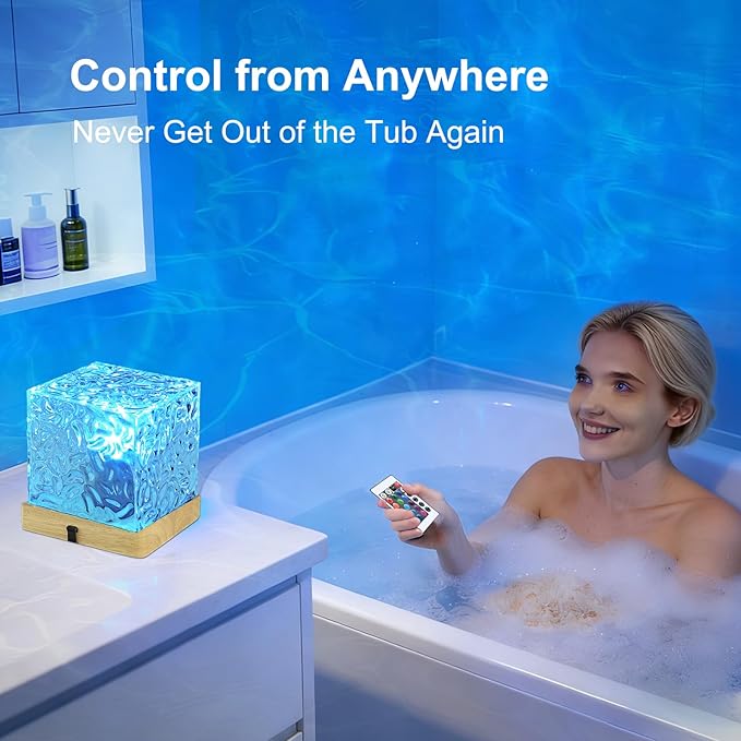 LETOUR Spa Like Shower Lamp,Rechargeable Shower Light 16 Color Changeable Ocean Wave Projector Lamp, Dimmable Waterproof Shower Lamp with Remote, Rotating Cube Water Ripple Lamp for Bath