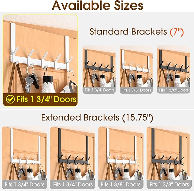 Over The Door Hooks Hanger with 7" Arms for Hanging Heavy Coats, Towel, J7U, Perfectly Fits US Standard 1 3/4-inch Doors, Towel Rack Bathroom Organizer Holder, Rustproof, White