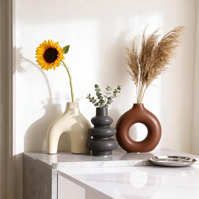 Ceramic 3 Pcs Vase Set,Modern Home Decor Table Centerpiece,Minimalist Nordic Vases, Wedding, Living Room, Bookshelf, Office, Modern Home, Entryway Boho Decor (D)
