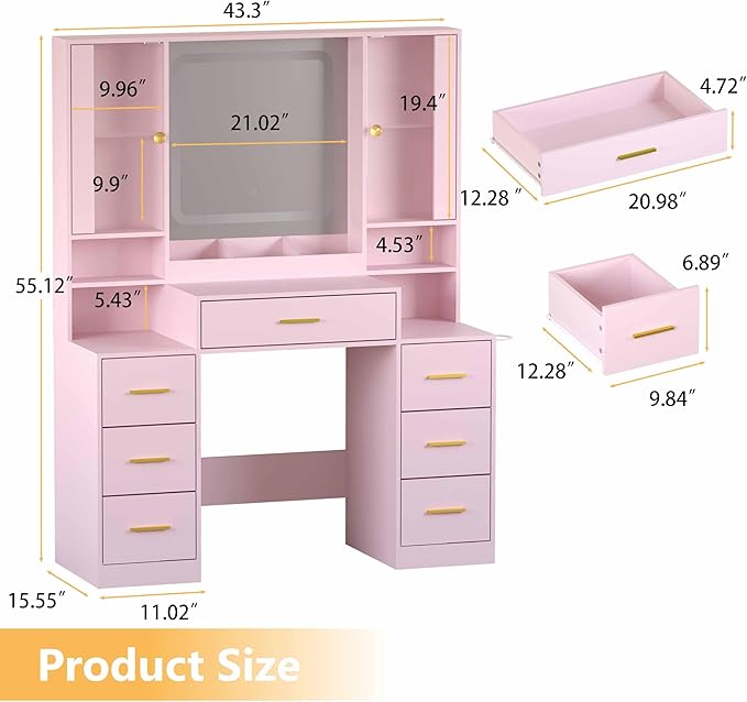 Pink Makeup Vanity Desk with Mirror & Lights, Modern Vanity Table with Charging Station, 7 Drawers, Glass Cabinet, Adjustable Shelves, Bedroom Dressing Table Set for Women & Girls