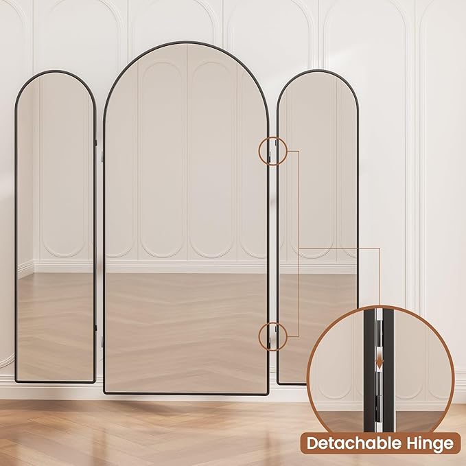 3 Way Arched Full Length Mirror Free Standing, 71"x 67" Large Modern Trifold Mirror, 3-in-1 Detachable Panel Tempered Glass & Metal Frame, for Dressing Room, Bridal Shop, Clothing Store (Black)
