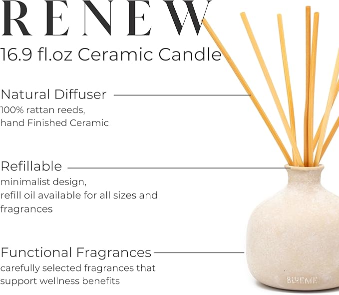 Blueme Renew Diffuser | Ivy & Rose | 16.91 Fl Oz - Refillable Wellness Diffuser, Contains Essential Oil, Sustainable, Hand Finished, Premium, Luxury Ceramic, Natural Rattan Reeds | Large
