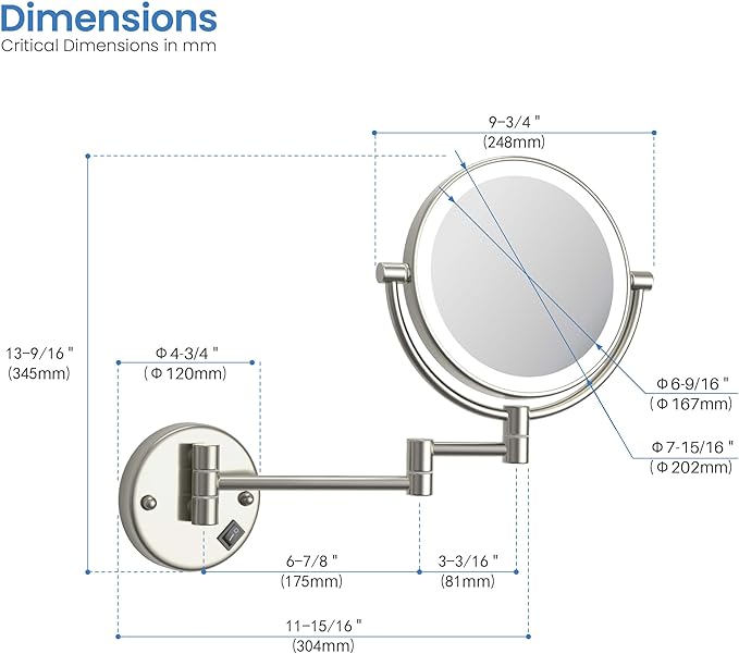 KIBI Circular Wall Mount Makeup Mirror with LED Lights, Dual-Sided 1x/5x Magnifying Mirror with Adjustable Arm, 360° Swivel, Solid Brass Construction for Durability and Style (Brushed Nickel, KMM101)