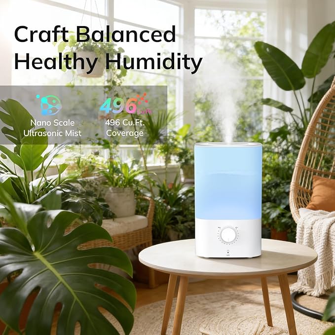 ZAFRO 3.2L Cool Mist Humidifier for Bedroom, 7 Color LED Night Light, Top Fill Design & Multiple Mist Levels, 24 dB Quiet Ultrasonic Comfort Humidifiers, White, Konb Control