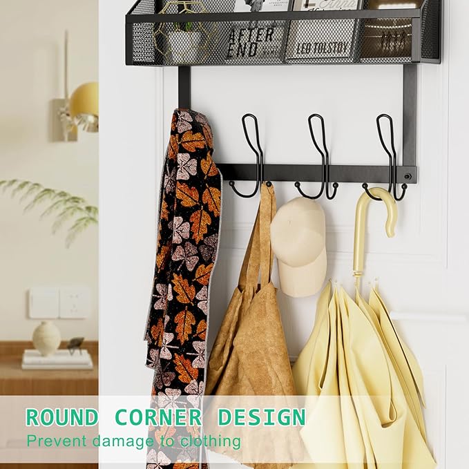 Over The Door Hook Organizer with 12 Hooks & 3 Mesh Baskets – Space-Saving Towel Rack & Storage Hanger for Bathroom, Kitchen, Bedroom, No Drill Door Hooks, Black