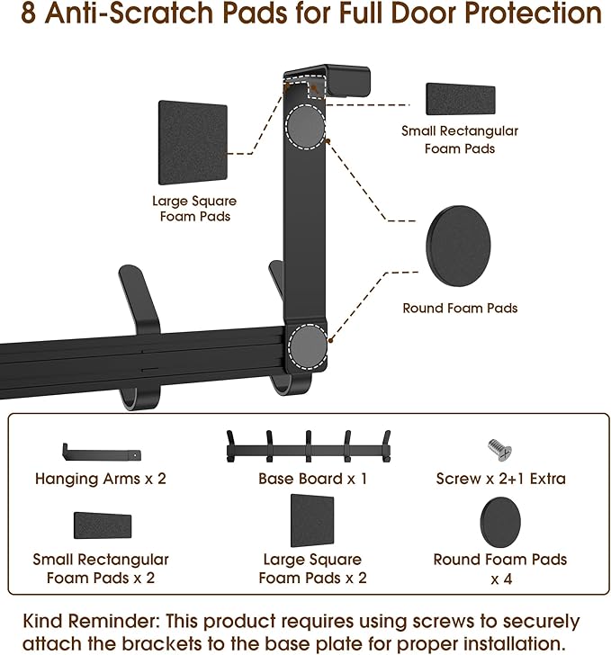 Over The Door Hooks Hanger with 7" Arms for Hanging Heavy Coats, Towel, J7U, Perfectly Fits US Standard 1 3/8-inch Doors, Towel Rack Bathroom Organizer Holder, Rustproof, Matte Black
