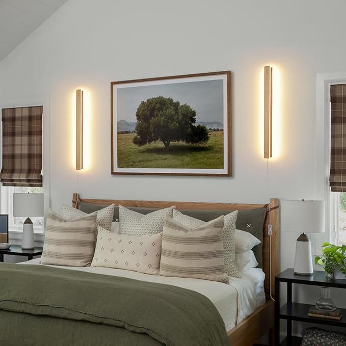Modern Plug in Wall Sconces, 23.6 inch Faux Wood Texture Finish LED Long Wall Lights, 12W Warm White 3000K Acrylic Indoor Wall lamp,with 59" Plug Cable for Bedroom, Living Room, Bathroom, Hallway
