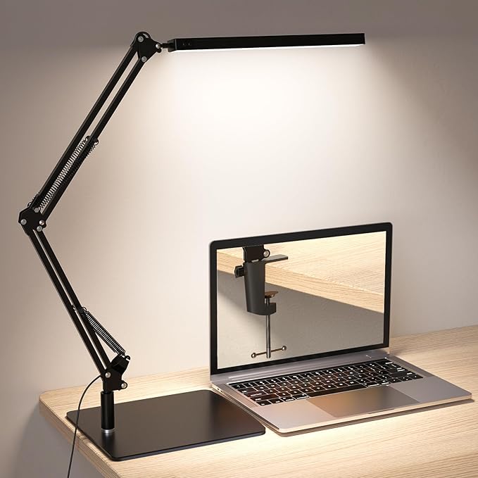 LED Desk Lamp for Home Office and Round Base, Clamp-On with 5 Light Modes & Auto Shut Off | 14W Adjustable Brightness 5000K Eye-Caring Lighting for Study/Bedroom/Computer Desk