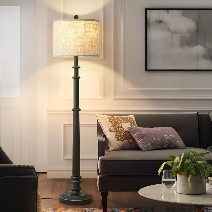 Floor Lamps for Living Room - 60" Resin Farmhouse Floor Lamp with Adjustable Color Temperatures - Vintage Standing Lamp Reading Light with Linen Shade Retro Tall Lamp for Bedroom Office, Black