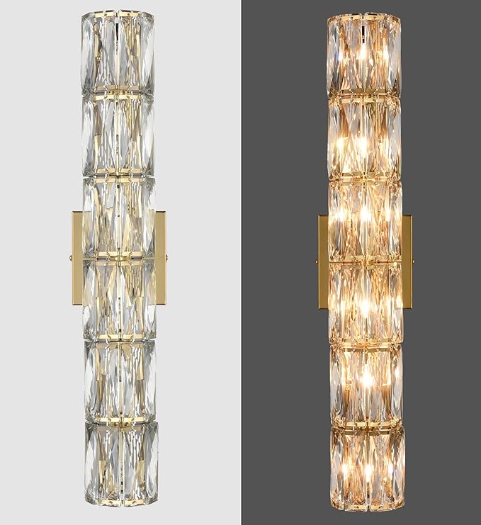 SAMTEEN 24-Inch Crystal Wall Sconce Gold Sconces Wall Lighting Mid-Century Modern 6-Light Luxury Brass Glass Wall Light Fixture for Bedroom Hallway Bathroom Vanity Light Fixtures