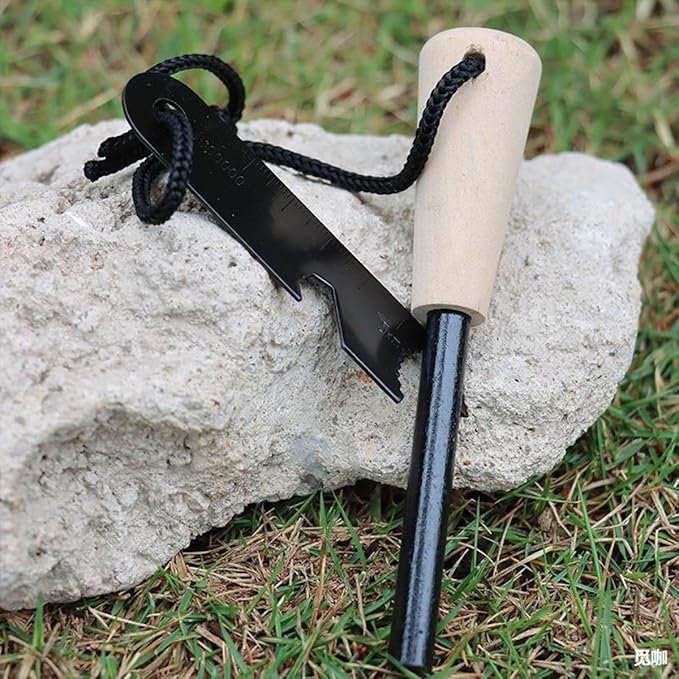 Ferro Rod Fire Starter Survival Tool – 3/8" Thick Fire Steel with 20,000 Strikes – Waterproof Flint and Steel Kit, Ferro Rod with Striker Wood Handle, Lanyard, Compass, and Emergency Whistle